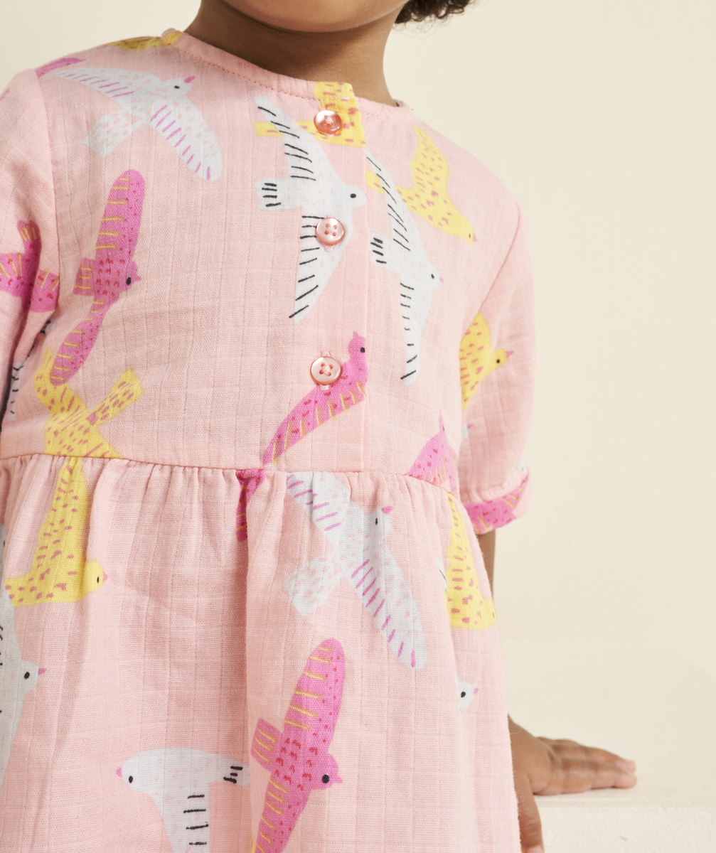 robe manches courtes bébé fille en coton bio rose et imprimé oiseaux