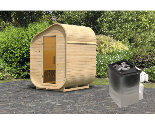 Vatensauna Karibu Rondi 1 inclusief 9 kW oven en geïntegreerde besturing en volledig glazen deur van helder glas