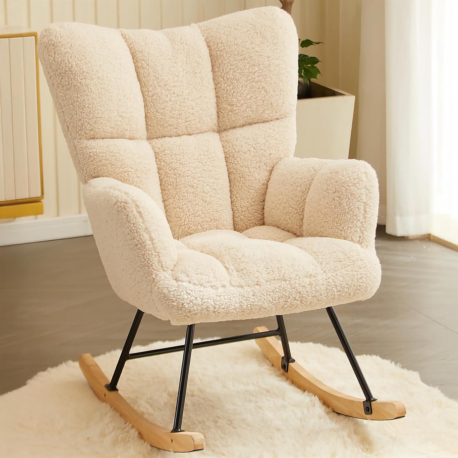 Schaukelstuhl Relaxstuhl Sessel Stuhl Wohnzimmersessel, Schaukelsessel Gepolsterter Schwingsessel bis 136 kg belastbar Beige Lounge Chair fürs Wohnzimmer Schlafzimmer Balkon