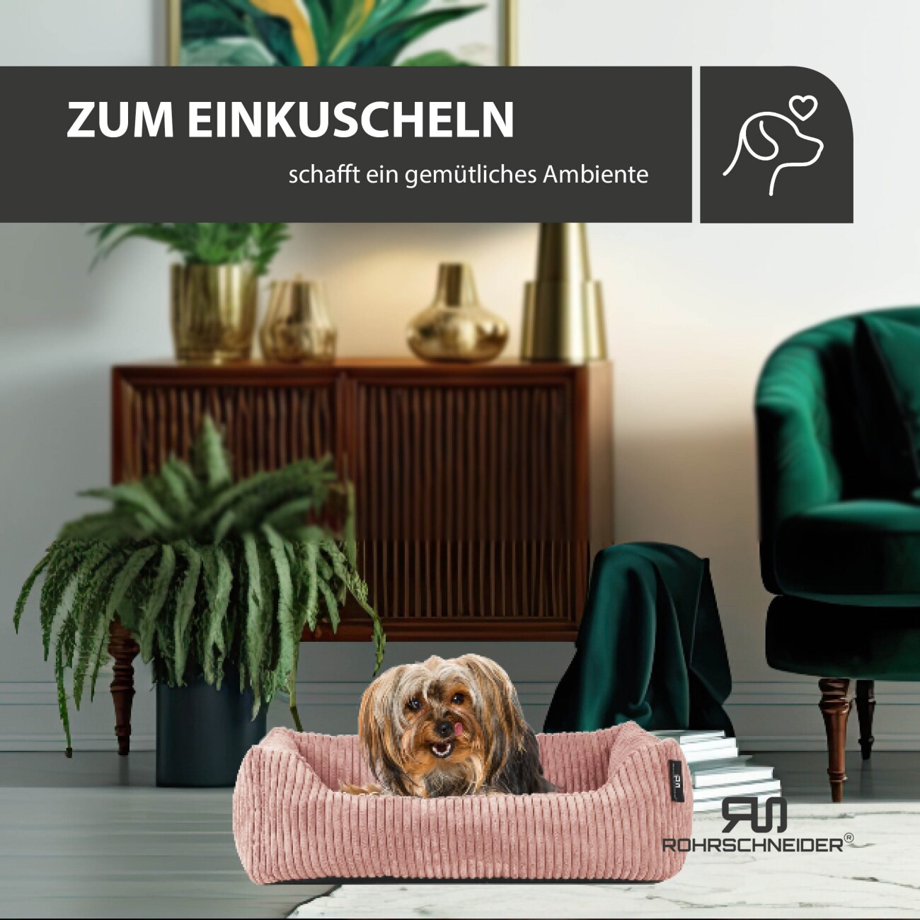 Rohrschneider ® Hundebett waschbar für kleine Hunde mit Hundekissen Cord (ca. 55x42 cm) inkl. Gassibeutel