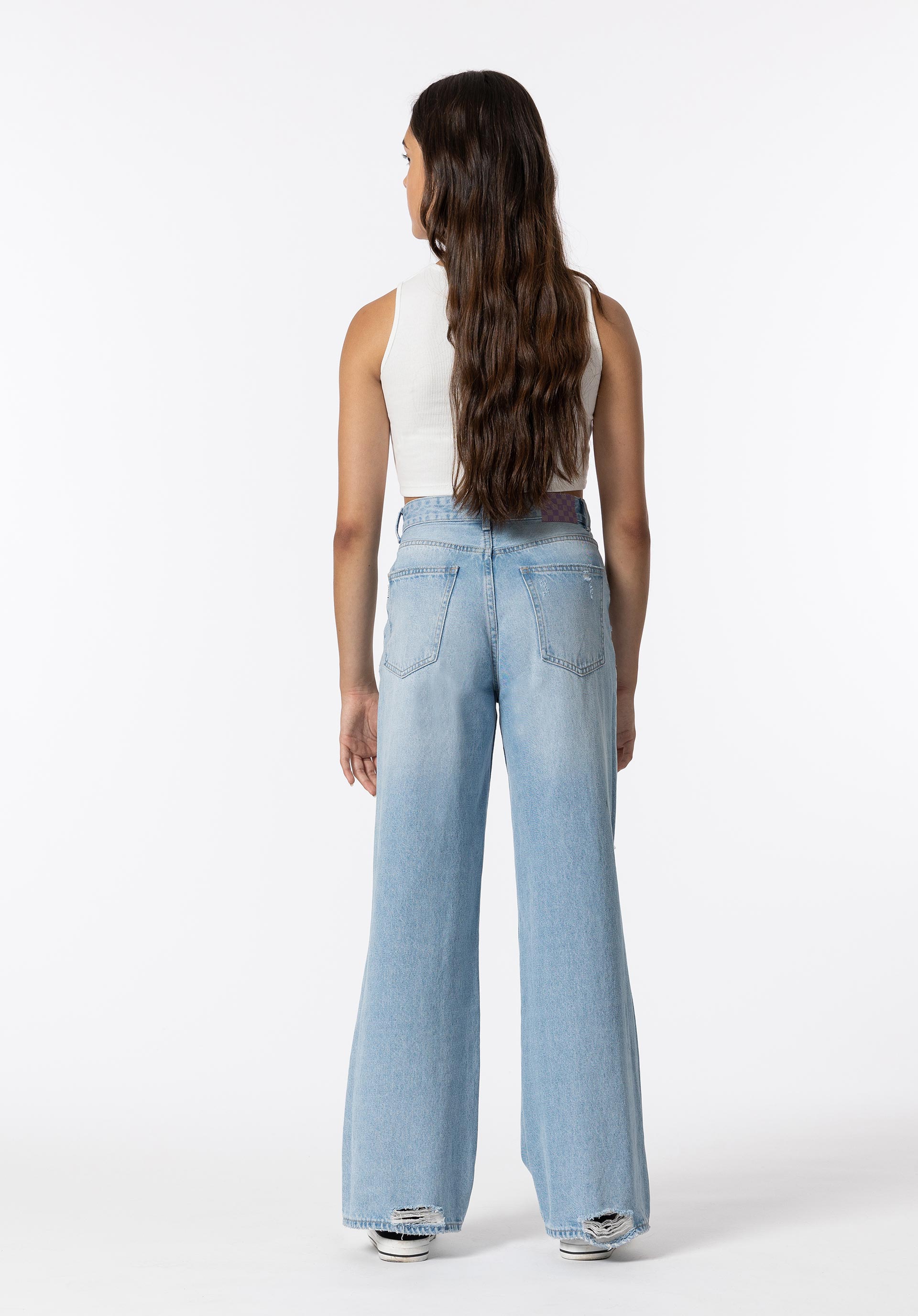 Jeans Kylie Wide Leg Cintura Alta C/ Rasgões