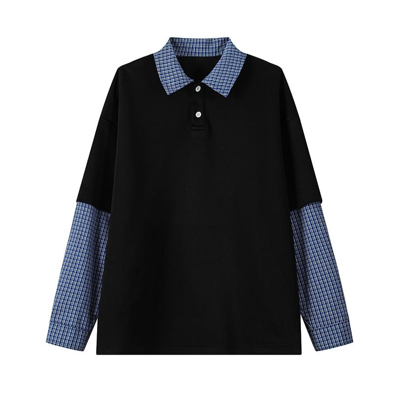 AXEN - Polo met verlaagde schouders en kraag, geruite, tweedelig sweatshirt
