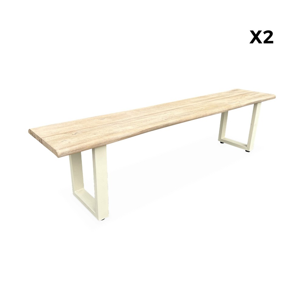 Lot de 2 bancs 3 places acacia brossé clair. Structure acier ivoire