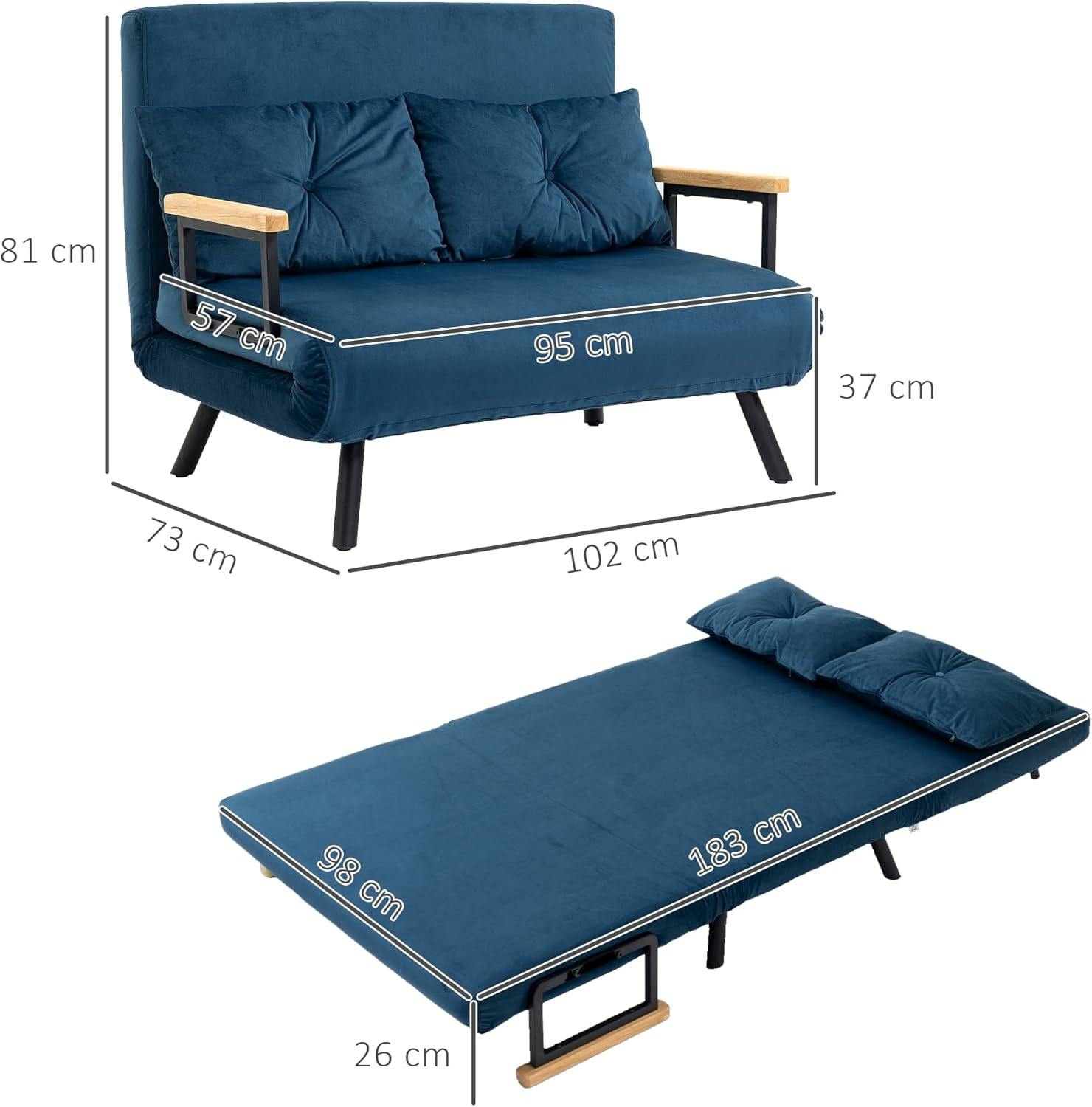 HOMCOM Schlafsofa 4 in 1 2 Sitzer Sofa mit Schlaffunktion, 183 x 98,5 cm Klappbar Schlafsessel mit 5-stufig Verstellbarer Rückenlehne, Armlehne, Lendenkissen Samtoptik für Wohnzimmer, Blau