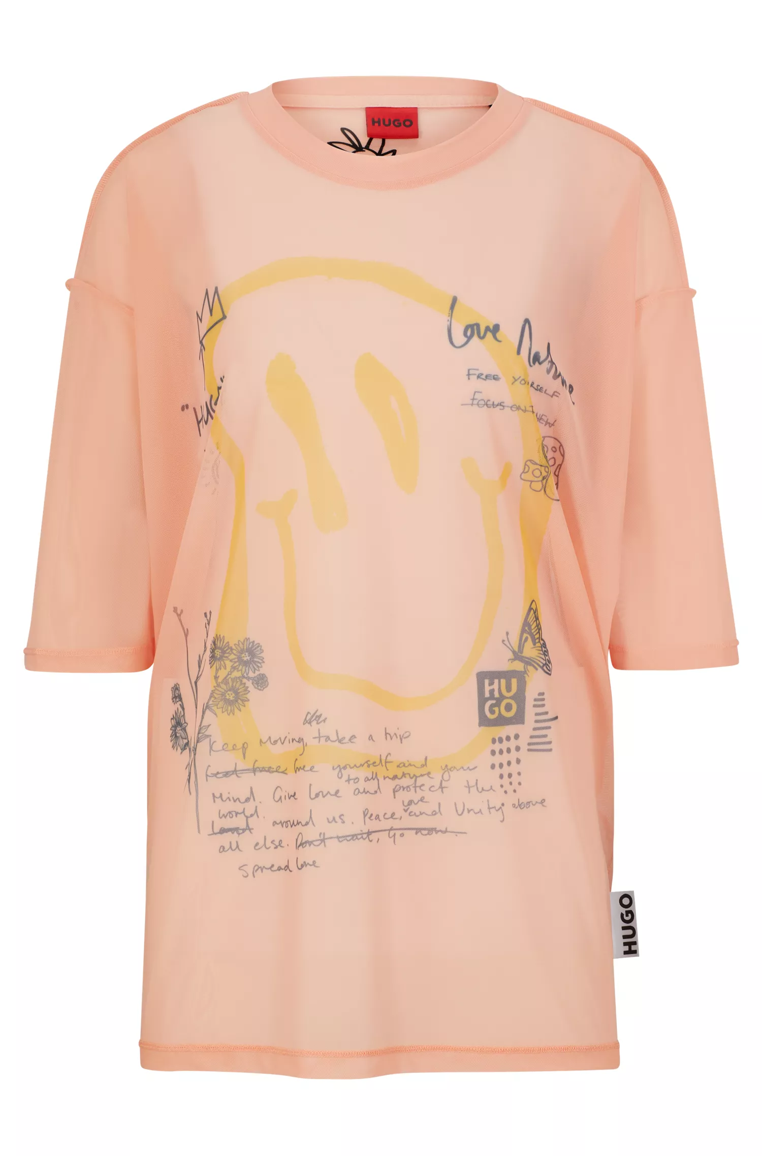 Camiseta HUGO vermelha de modelagem ampla em tela com estampas de rabiscos.