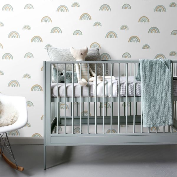 Estahome Regenboogjes Behang II - 0,53 x 10,05 m - Vergrijsd Mintgroen / Blauw