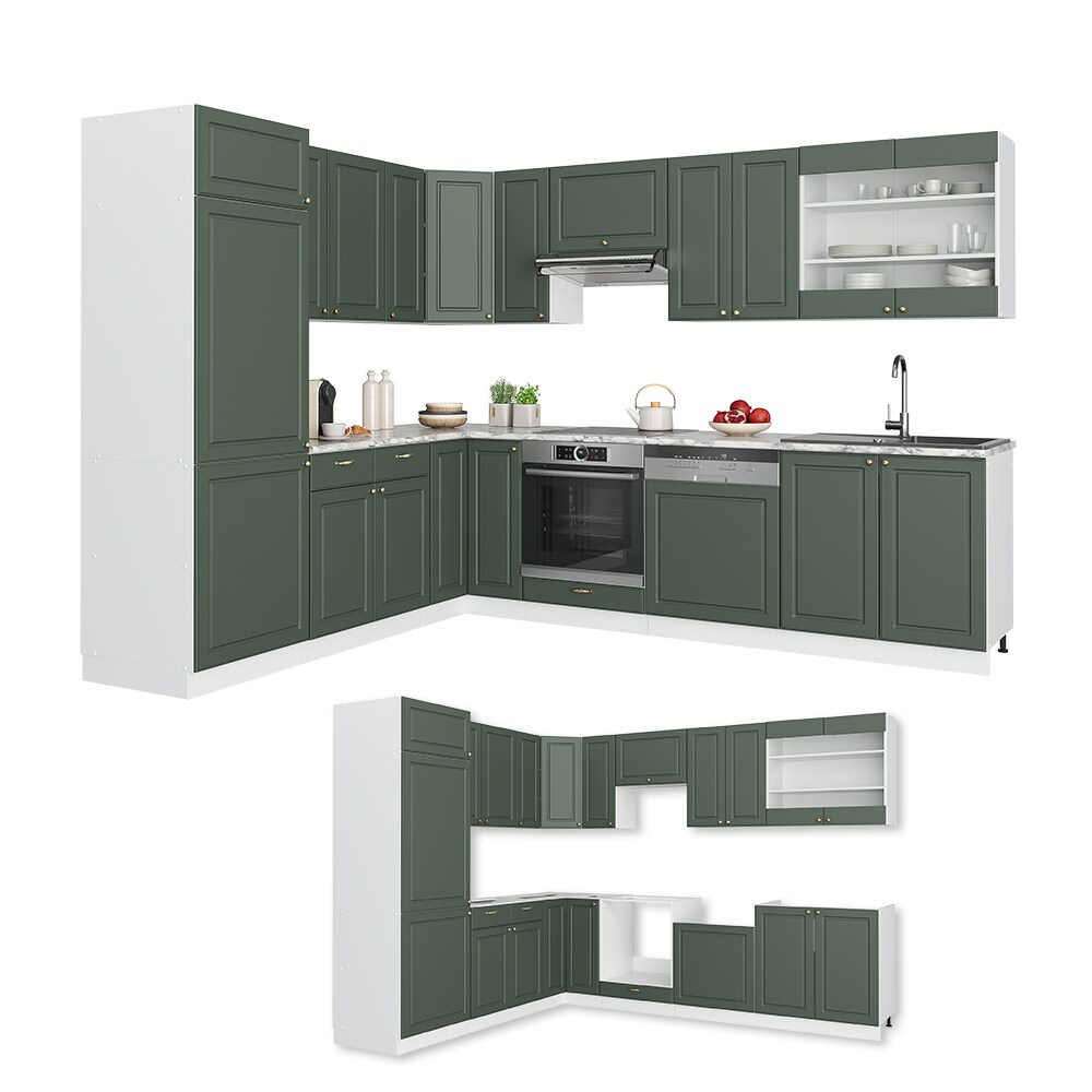 Vicco Eckküche Küchenzeile Einbauküche Fame-Line Landhaus Weiß Grün Gold227x287 cm Spülenunterschrank Schubunterschrank Eckunterschrank Herdumbauschrank Hängeschrank Kühlumbauschrank