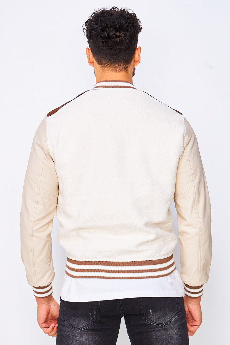 Bomber beige/marron manches simili cuir