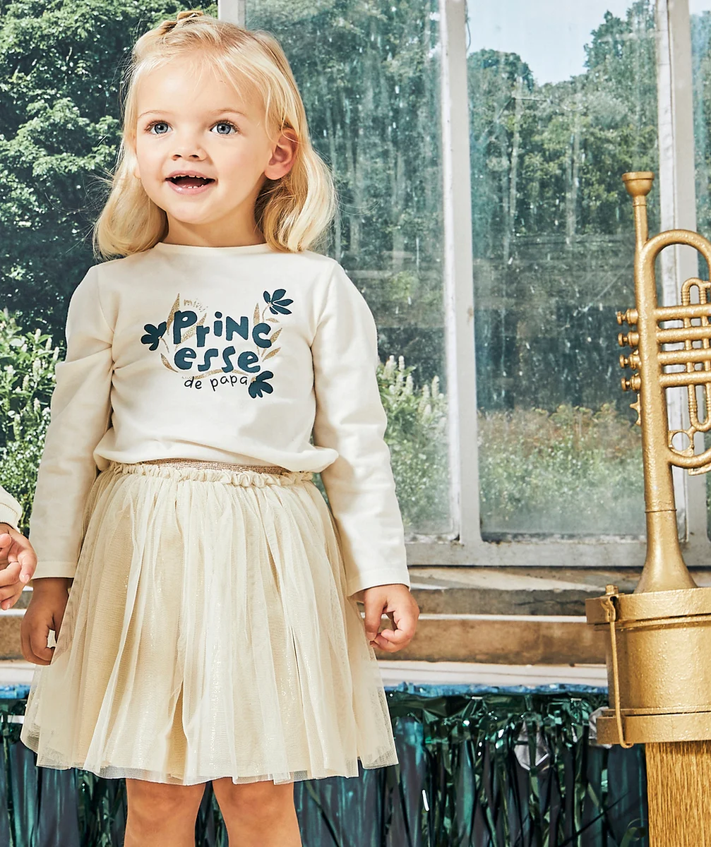 JUPE COURTE PLISSÉE BÉBÉ FILLE EN TULLE BEIGE PAILLETÉ