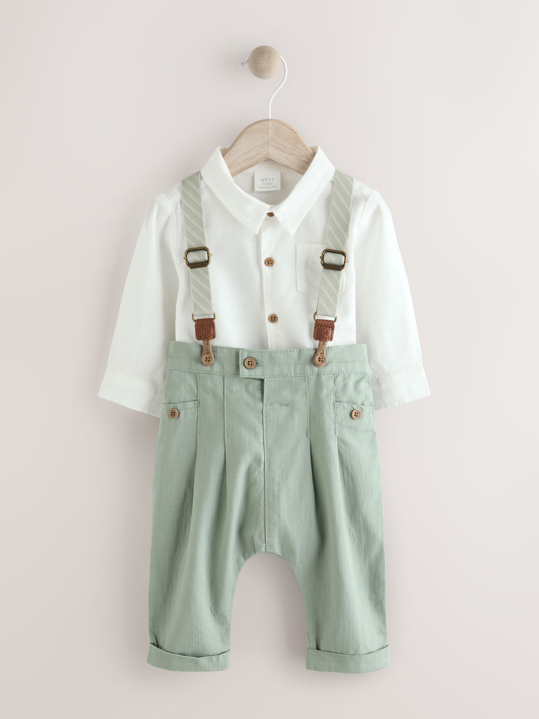 Grijs-groen - 3 -delige babyset van overhemd, broek en bretels (0mnd-2jr)