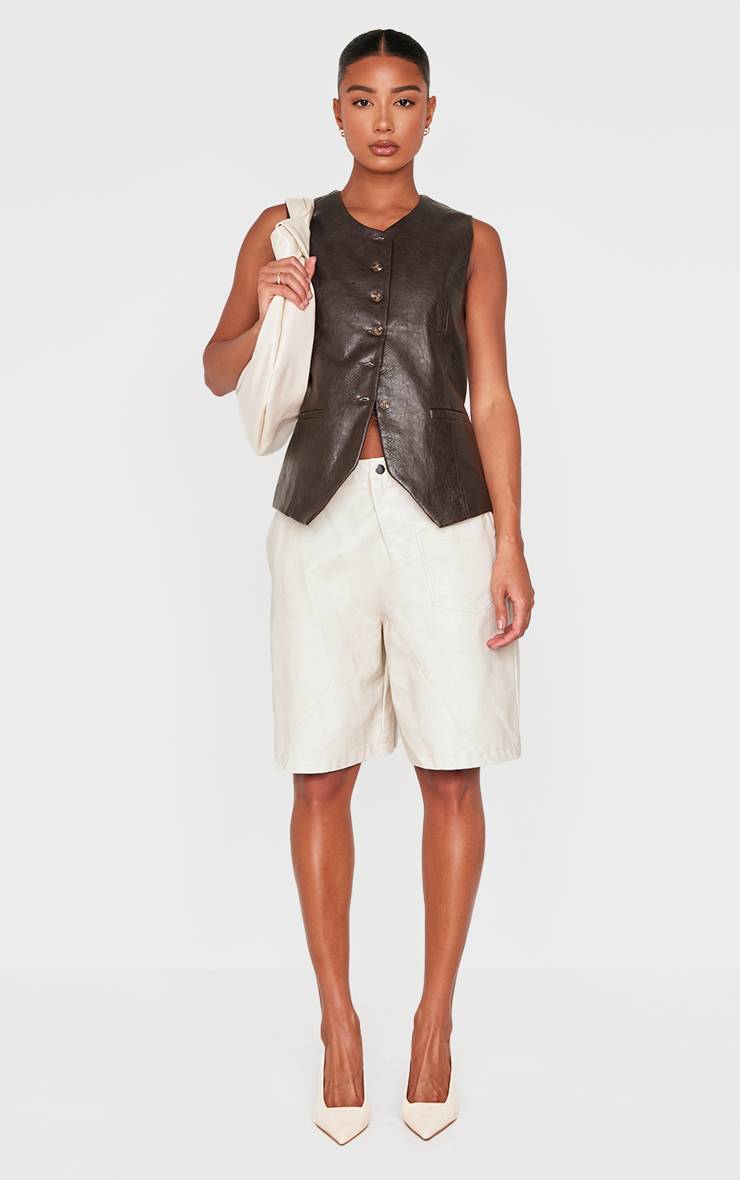 Marron Gilet Long Boutonné En Synthétiquecuir