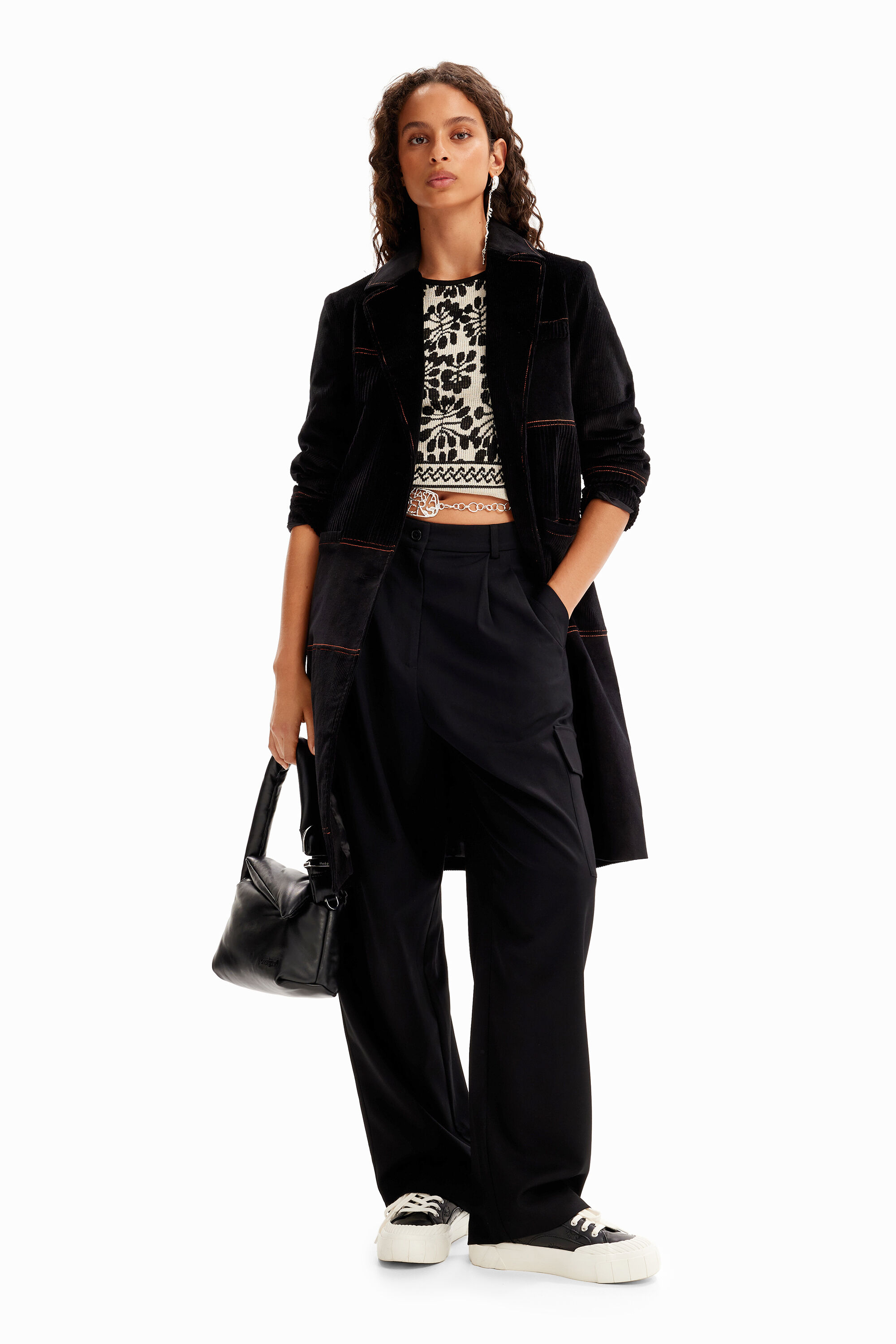 Long manteau patchwork velours côtelé