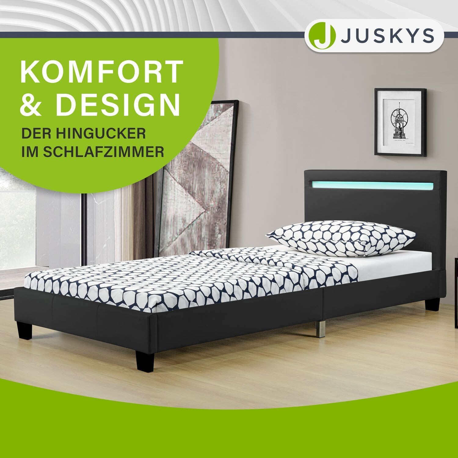 Juskys Polsterbett Verona 90x200 cm schwarz mit Matratze – Einzelbett + LED-Beleuchtung & Lattenrost