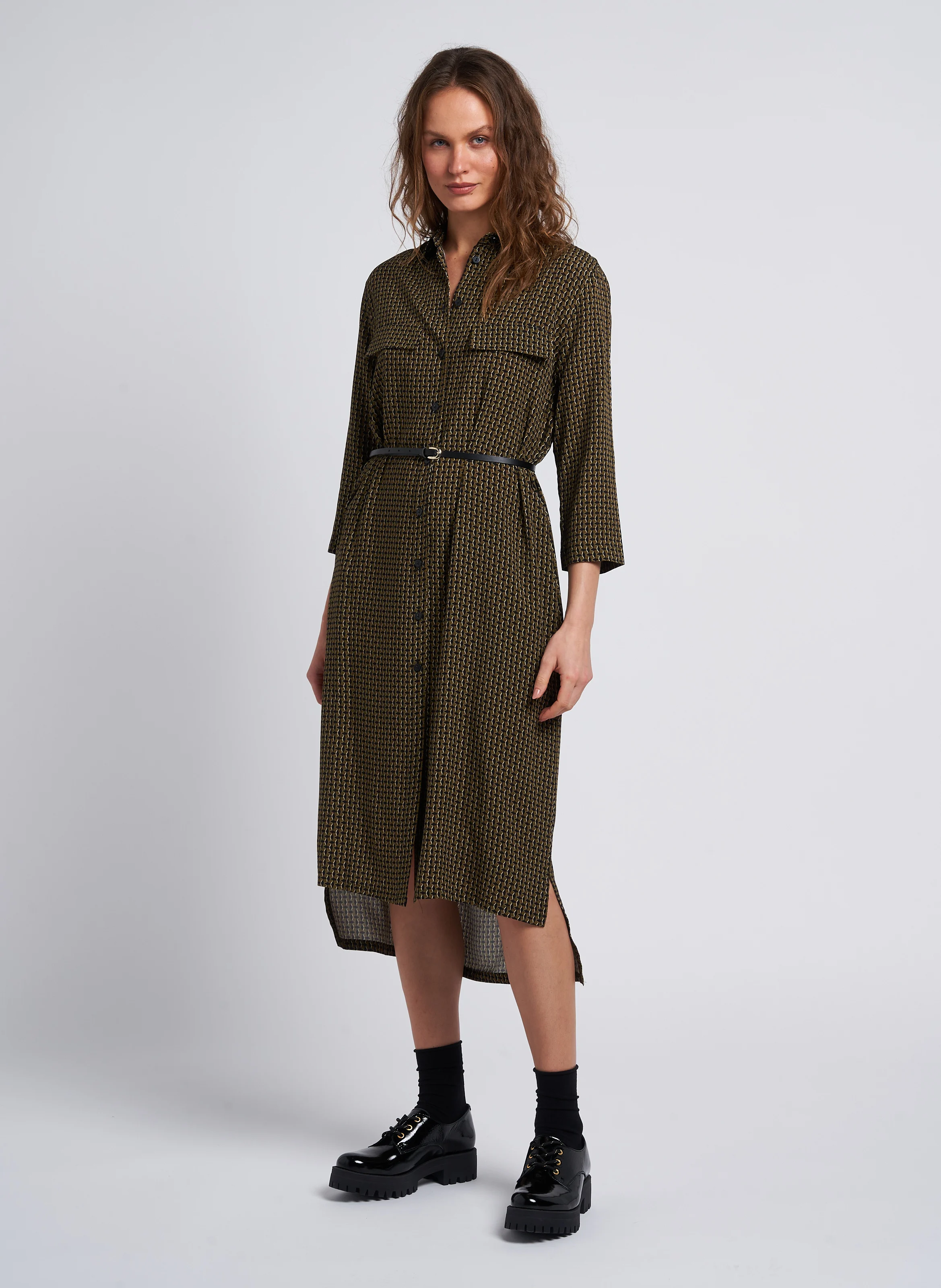 Robe midi col classique imprimée| Vert