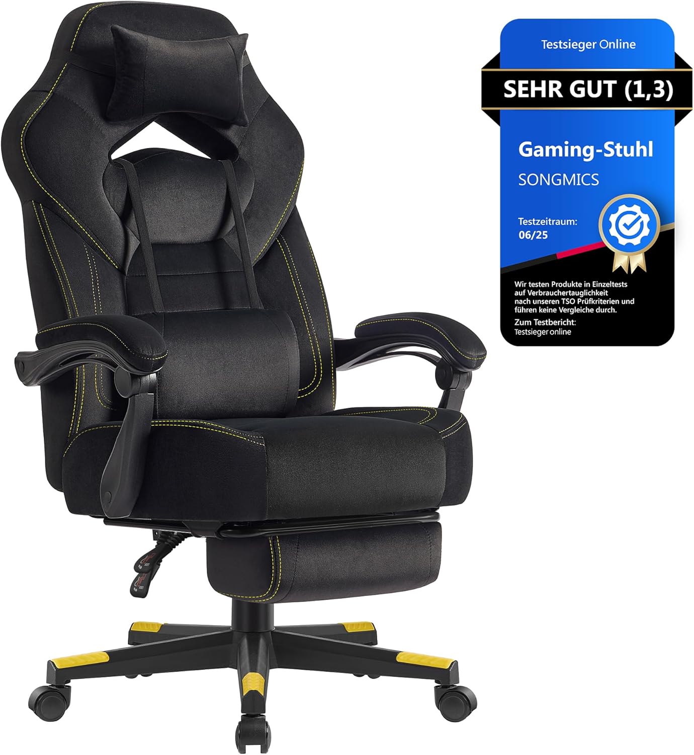 SONGMICS Gaming-Stuhl, Bürostuhl, Computerstuhl, ergonomisches Design, mit Fußstütze, verstellbares Kopfkissen, Lendenkissen, Tragkraft 150 kg, tintenschwarz OBG077B08