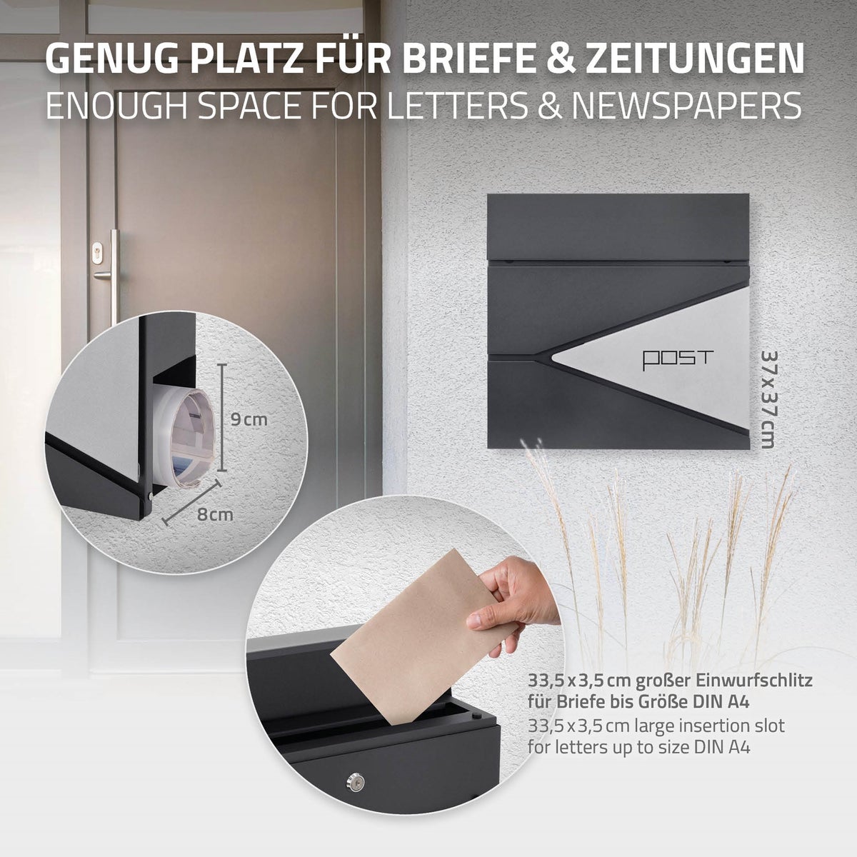 ML-Design Brievenbus Antraciet/Zilver, Gepoedercoat RVS, 37x37 cm, Brievenbus met krantenvak, Afsluitbaar met 2 sleutels, Design Wandbrievenbus met krantenrol, Brievenbus voor Wandmontage