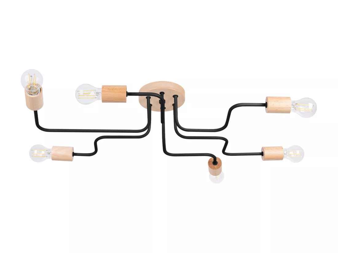 Lustre Timbo grenier en acier/bois - 6 sources lumineuses - L.85 x H.16,5 cm - noir/bois naturel