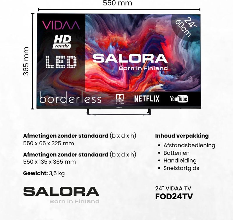 Salora FOD24HV - 24 Inch - Smart TV - HD Ready - 2024 - VIDAA TV - Smart 24 inch tv