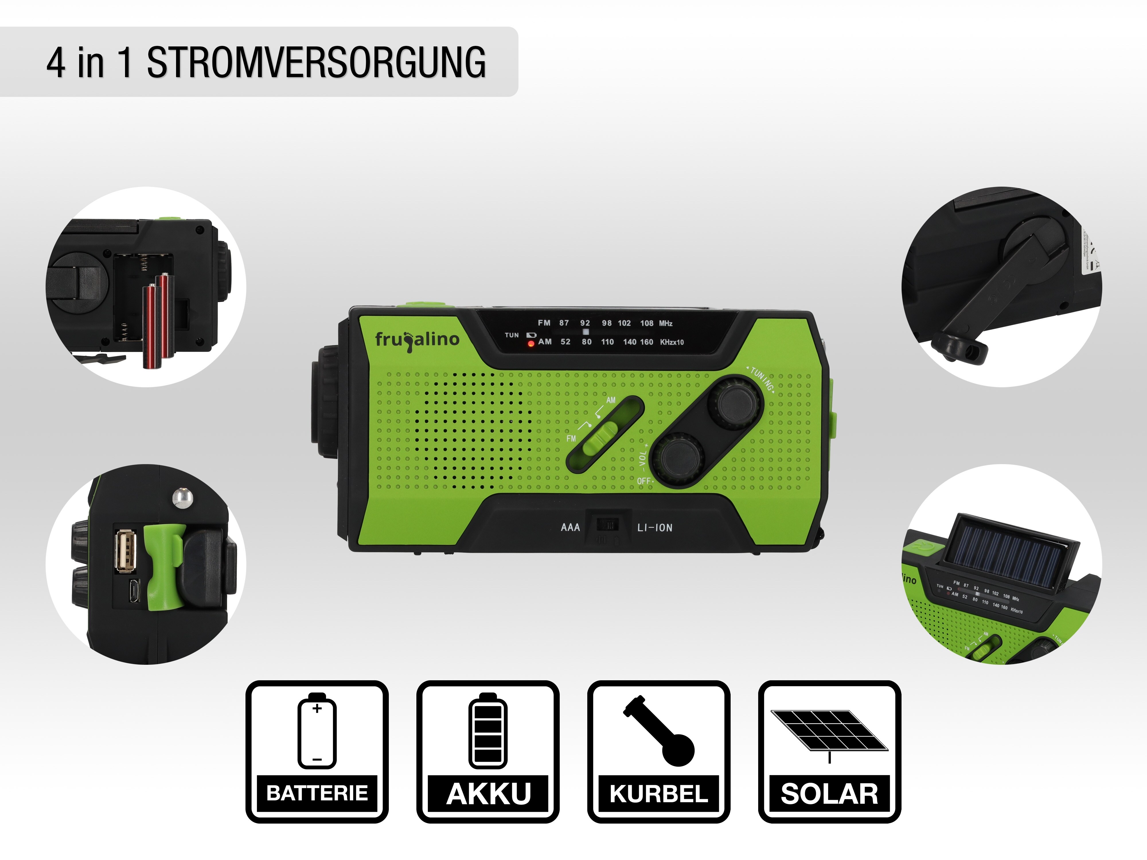 Frugalino Blackout Notfall-Radio, Kurbel, Solar, Akku, SOS Alarm