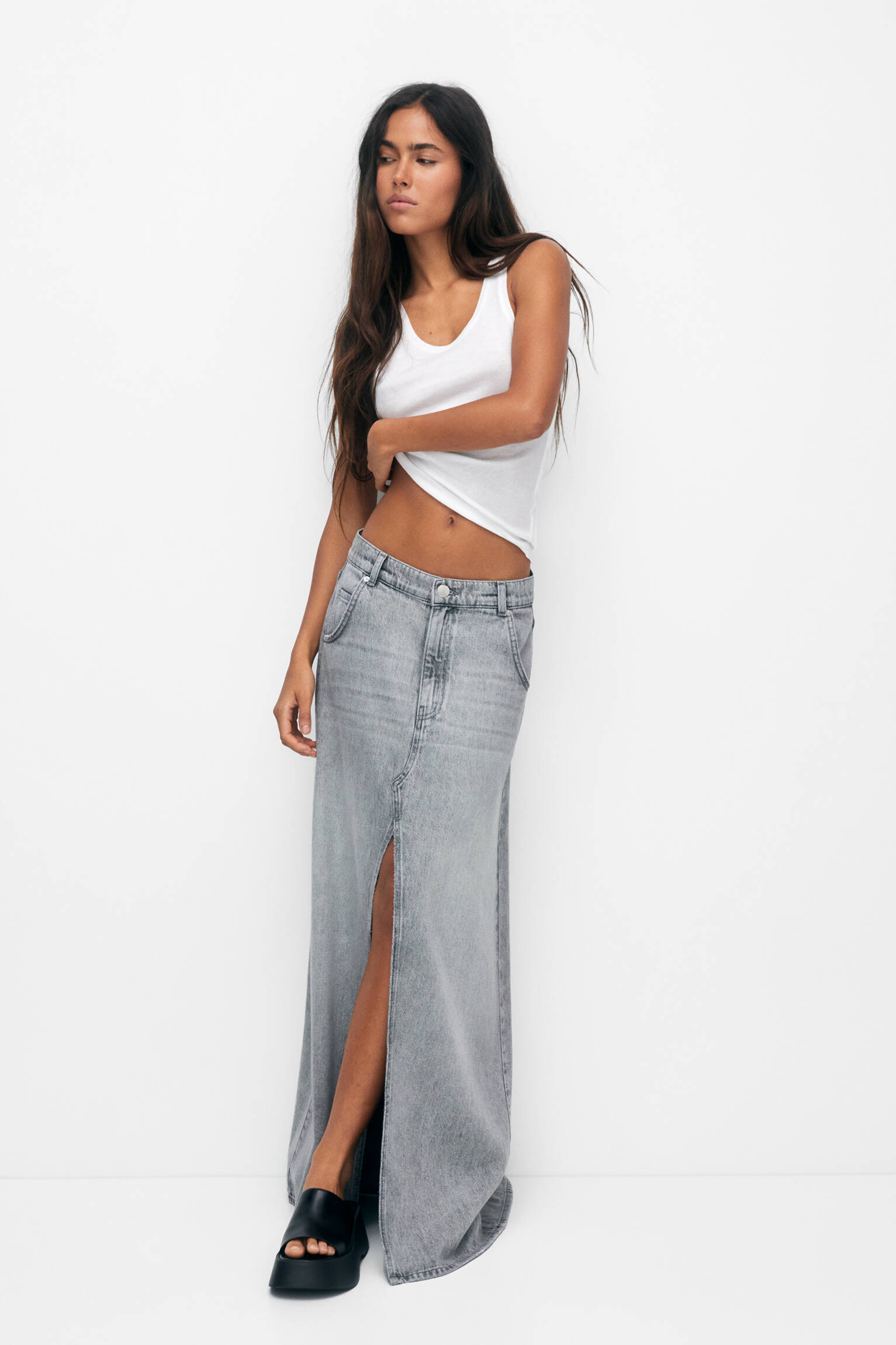 Saia longa maxi jeans - cinza