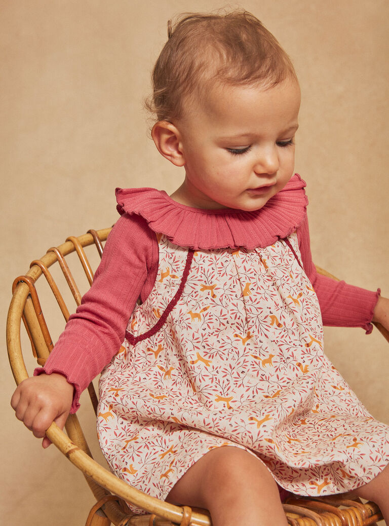 Robe chasuble écrue en twill à imprimé fleuri et renards