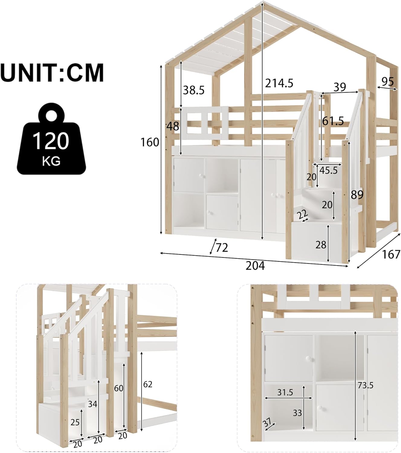 Kinderbett Hochbett 90x200 cm mit Dach und Treppe, Hausbett Etagenbett mit Rausfallschutz und Stauraum, Einzelbett Holzbett mit Fenster und Stauschrank, Weiß+Natur, Ohne Matratze