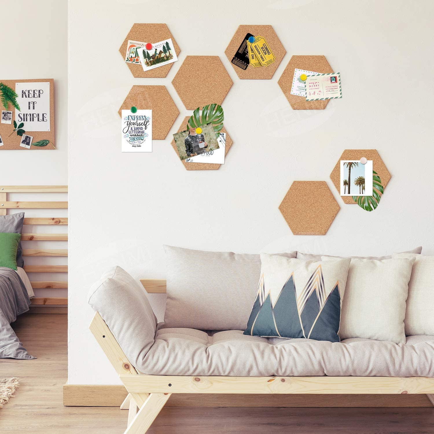 (8er Set) 20cm Selbstklebende DIY Kork Pinnwand Hexagon Tafel Bastel Korkplatte inkl. Pinnadeln - Braun