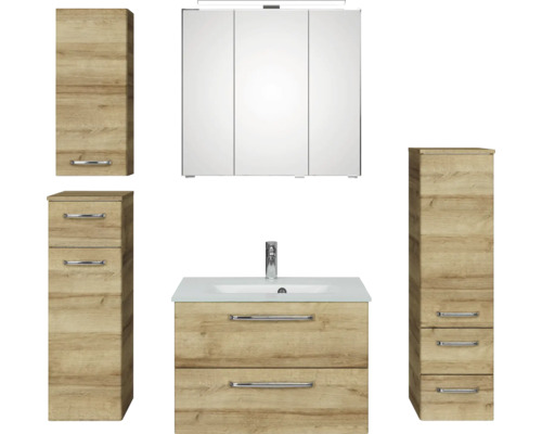 Pelipal Kumba badkamermeubelset (B x H x D): 137 x 200 x 50 cm, frontkleur: Riviera eiken, 5-delige set bestaande uit witte glazen wastafel, hoge kast, onderkast en bovenkast (artikelnr. 99.770326473)