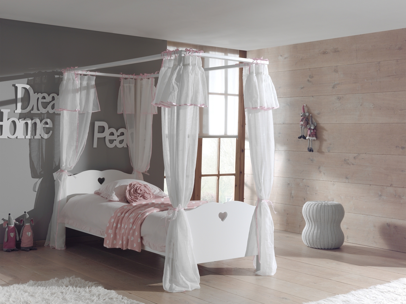 Himmelbett AMORI - weiß - mit Lattenrost & Textilschals - 90x200 cm