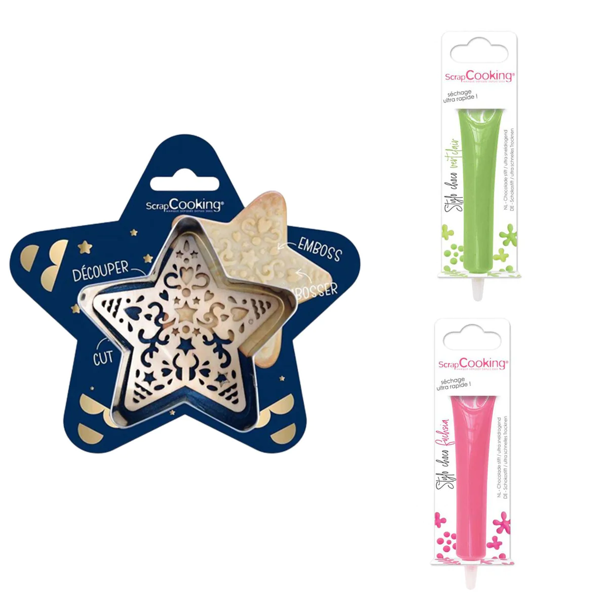 Kit pour biscuit en relief Étoile + 2 Stylos au chocolat vert clair et