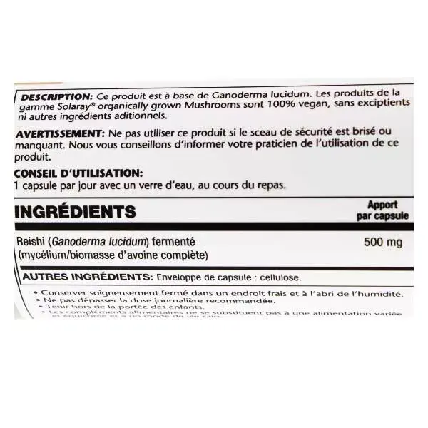 Cápsulas Vegetais de Reishi Fermentado Solaray 500mg - 60 unidades