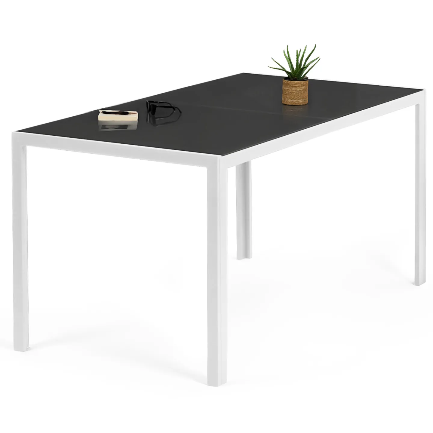Salon de jardin MADRID table 150 CM et 6 chaises empilables blanc et gris