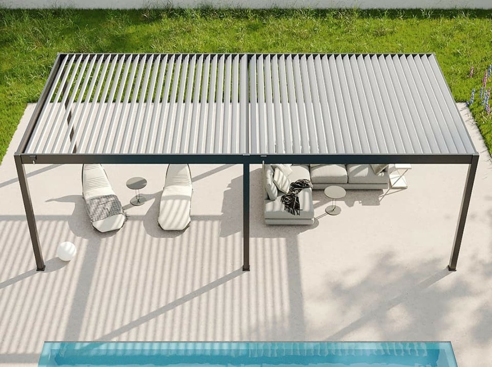 Pergola bioclimatique 4x8 aluminium - eclipse 32 anthracite autoportee - certifié resistant uv - lames inclinables
