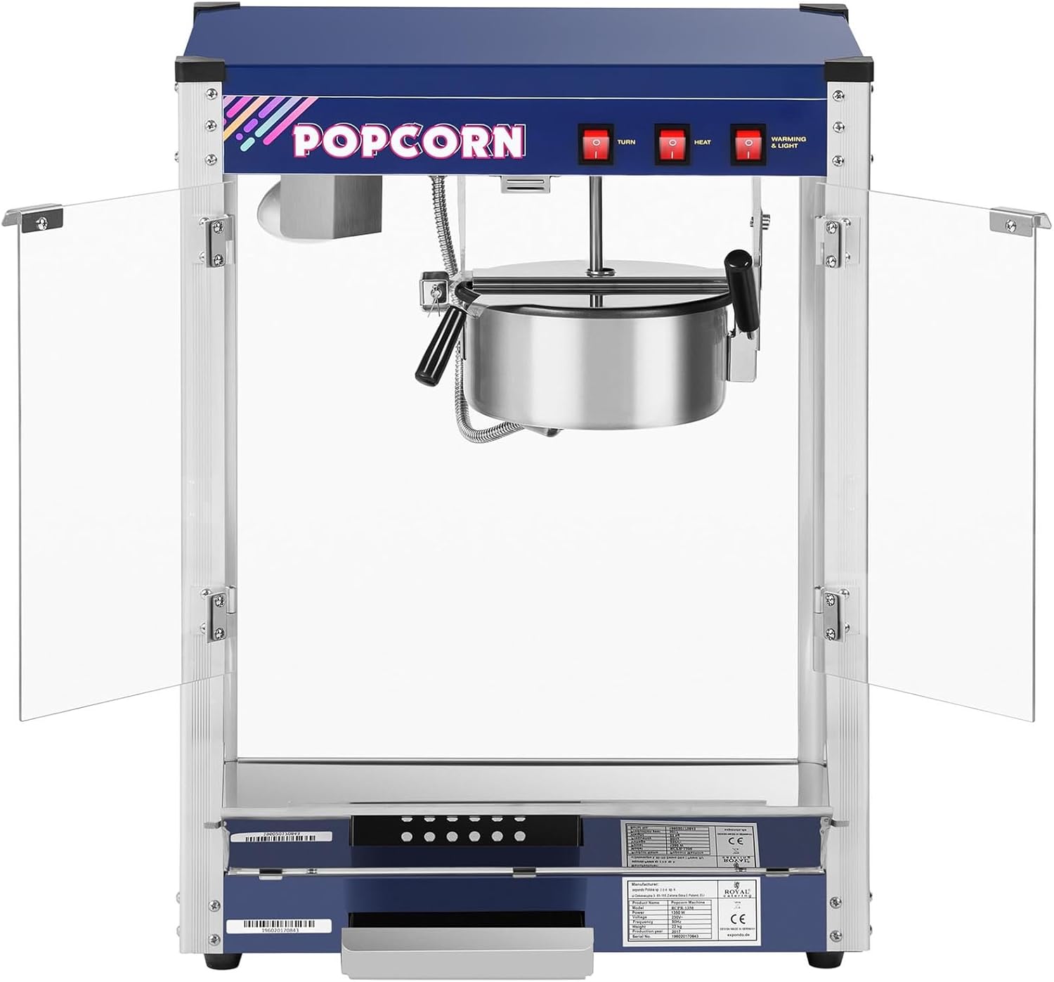 Royal Catering Popcornmaschine Retro-Design in Blau 1500 W 5 kg/h beleuchteter Innenraum entnehmbarer Topf mit Antihaftbeschichtung perforierter Boden Krümelschublade
