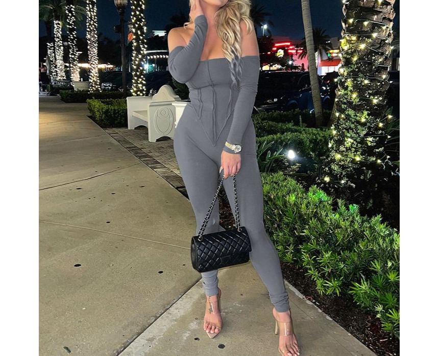 Ragom - Set: Lange mouwen off-shoulder effen asymmetrische slim fit top + legging