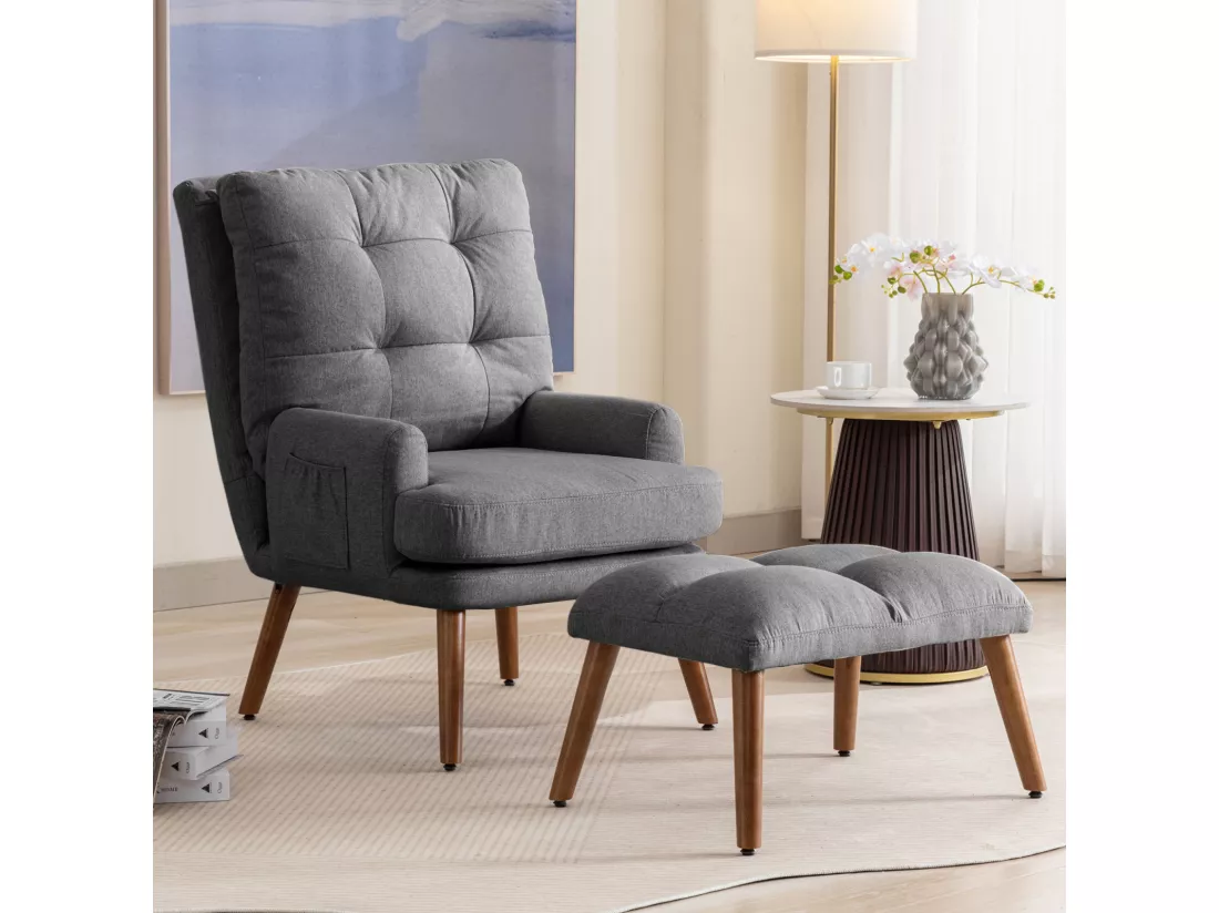 Chaise longue avec repose-pieds, dossier réglable sur 10 niveaux, inclinable, chaise avec étagère latérale-Gris