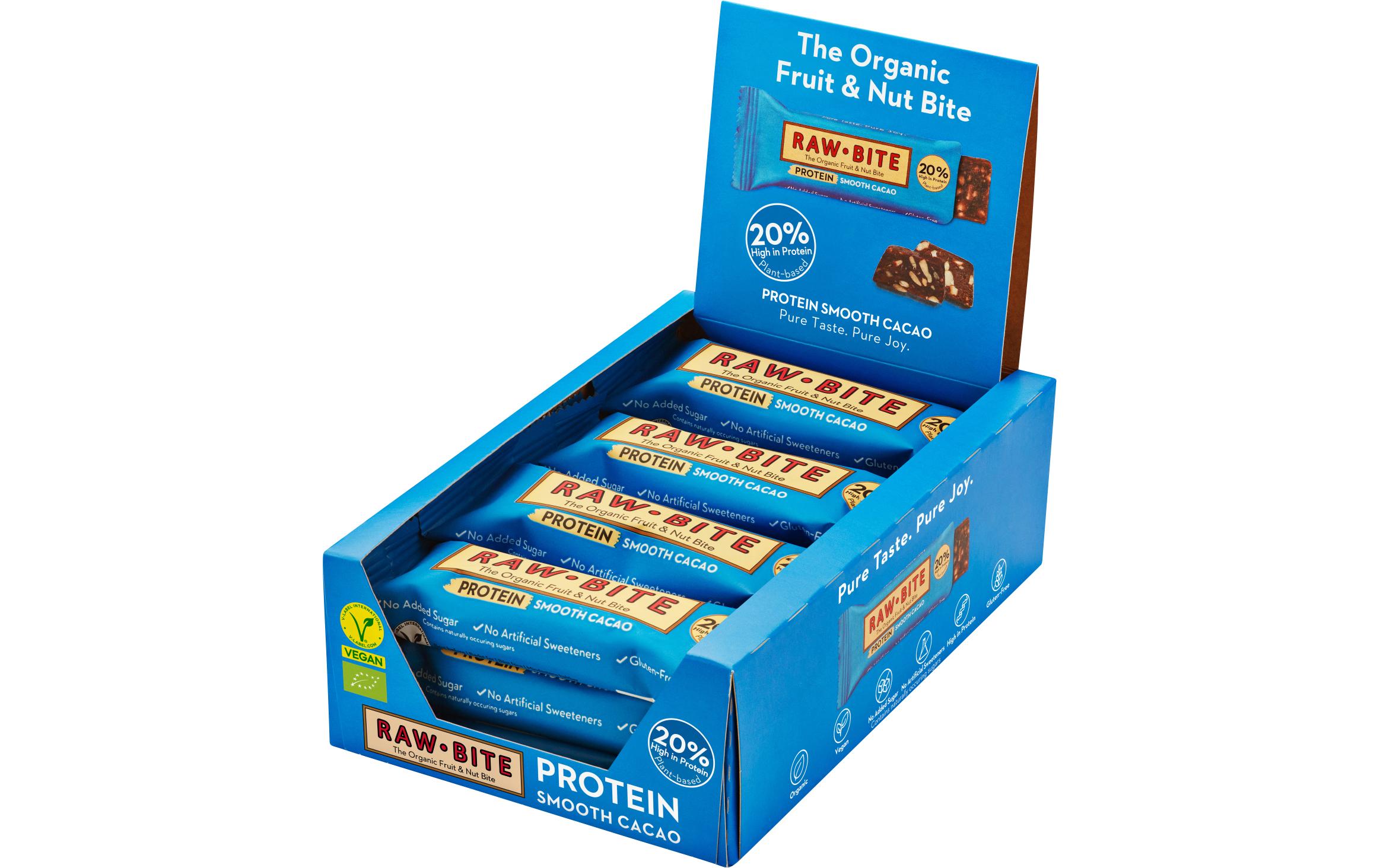 Rohkostriegel Protein Smooth Cacao, 12 x 45gLeckerer Rohkostriegel mit Cacao