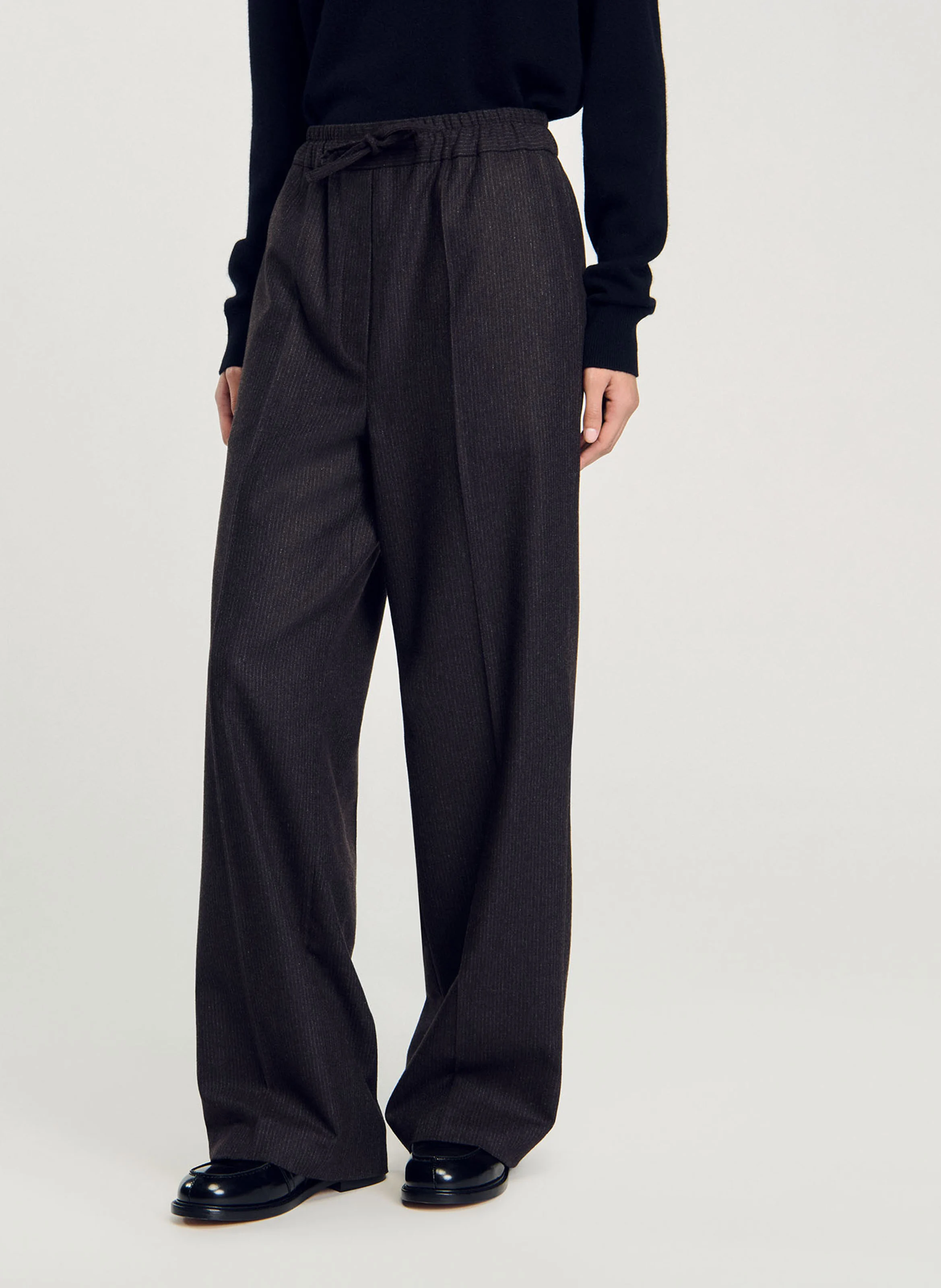 Pantalon large en laine mélangée | Marron
