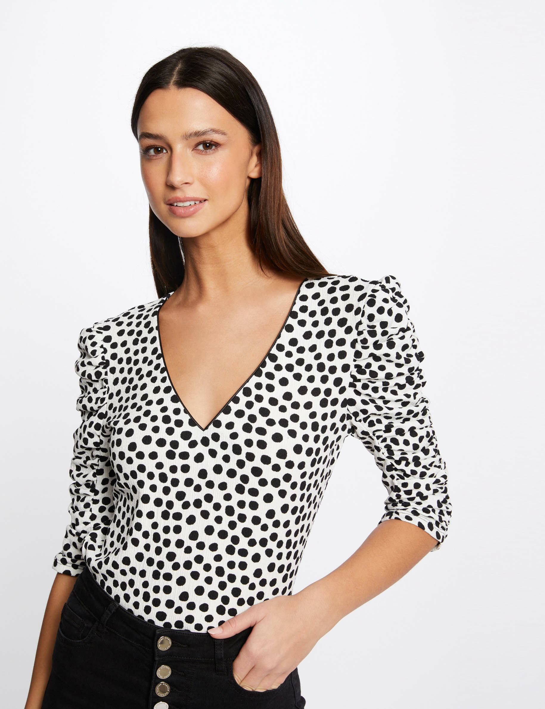T-shirt manches 3/4 imprimé à pois ecru femme - ecru