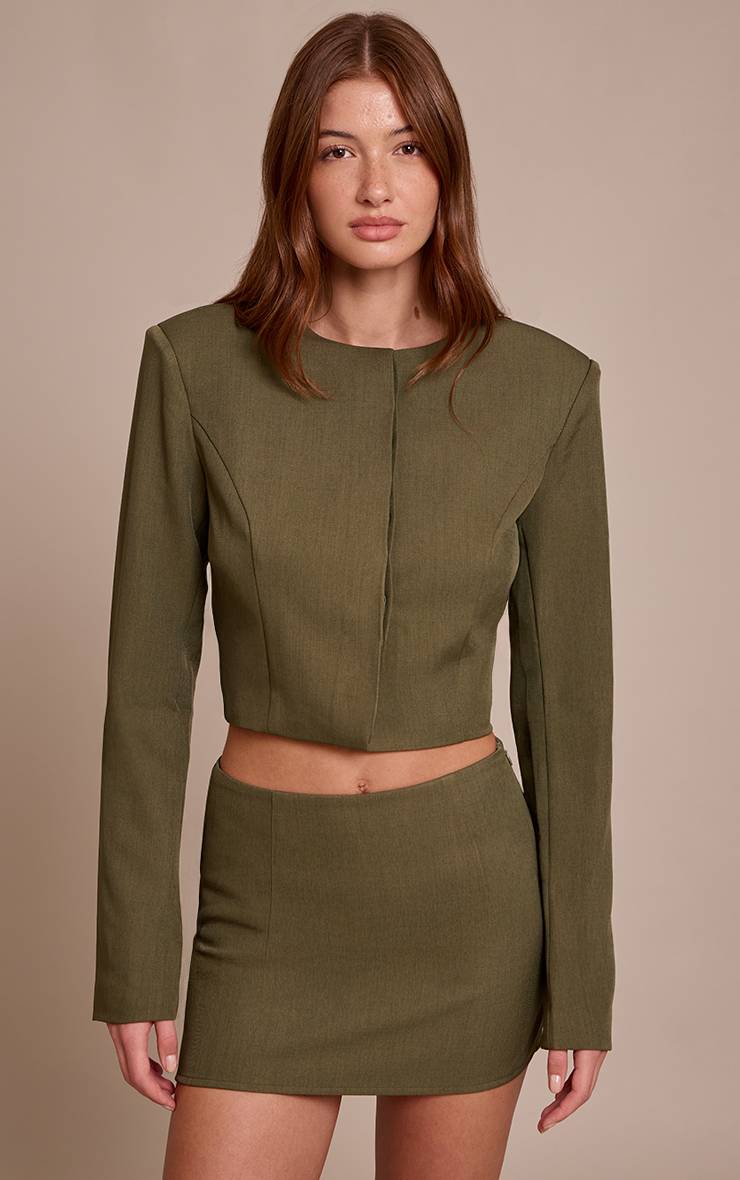 Dark Khaki Ensemble Coordonné Jupe Mini Ajustée En Tissu Tissé
