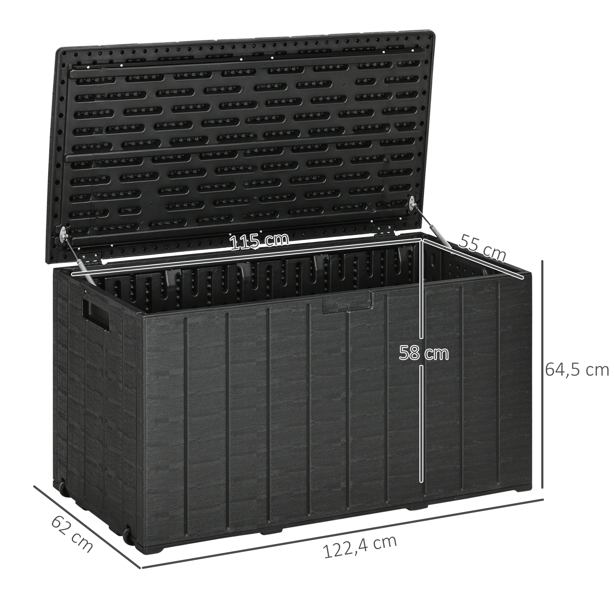 Baú de armazenamento externo Outsunny 366L, baú de jardim de plástico com parede dupla, rodas e alças para pátio, capacidade de carga de 100 kg, 122,4 x 62 x 64,5 cm, preto