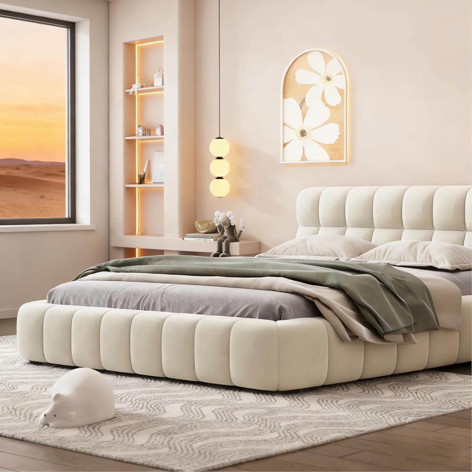Polsterbett 160x200 cm Bubble Bett, Doppelbett mit Weiches Kopfteil, Jugendbett, Bettgestell mit Lattenrost, Leinen, ohne Matratze (Beige, 160 x 200 cm)