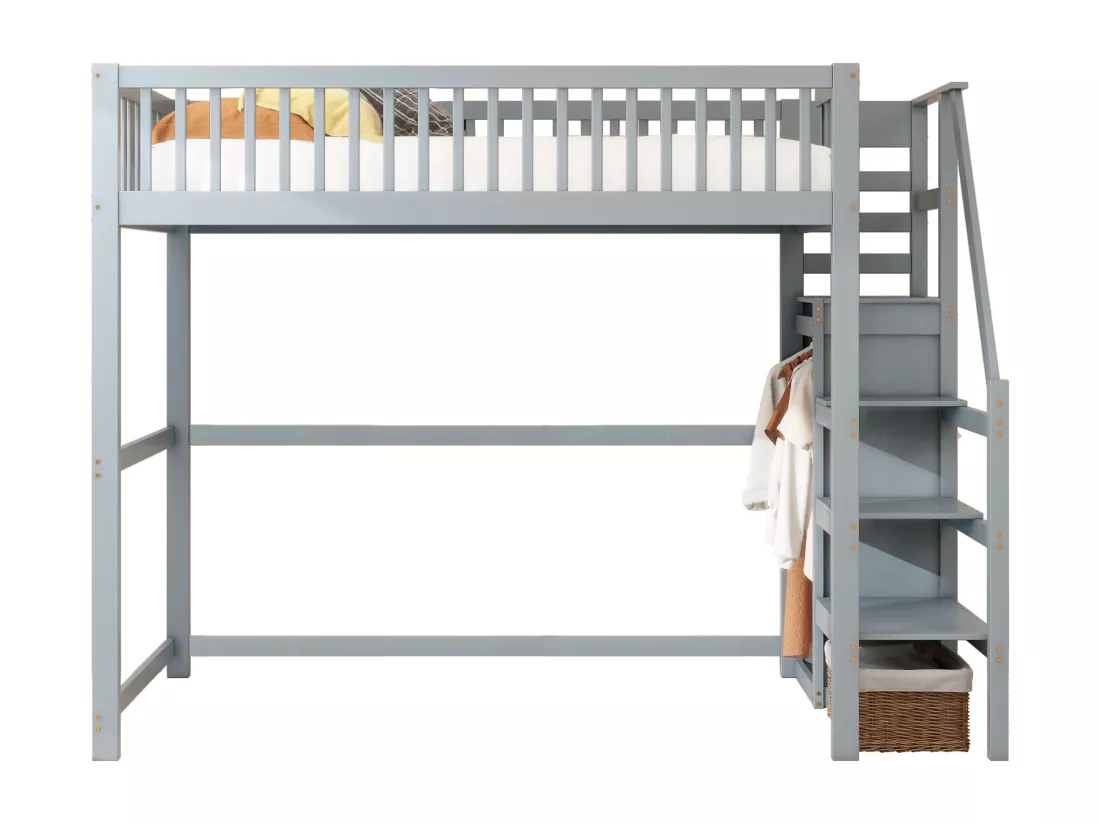 Lit mezzanine 90 x 200 cm avec armoire et escalier - Bois massif + contreplaqué + MDF - Gris (Sans matelas)