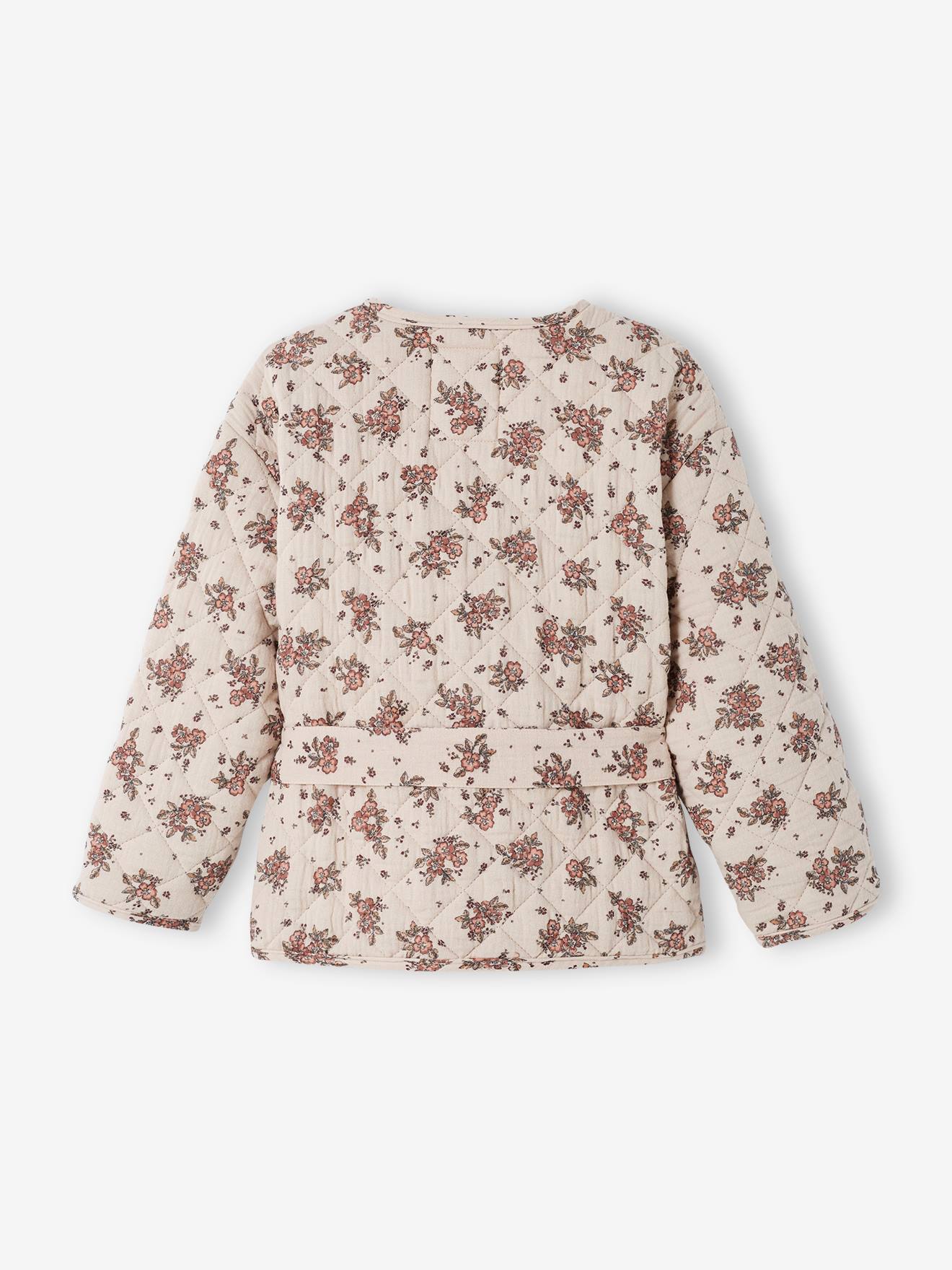 Jaqueta reversível com zíper para meninas, bege claro com estampa.