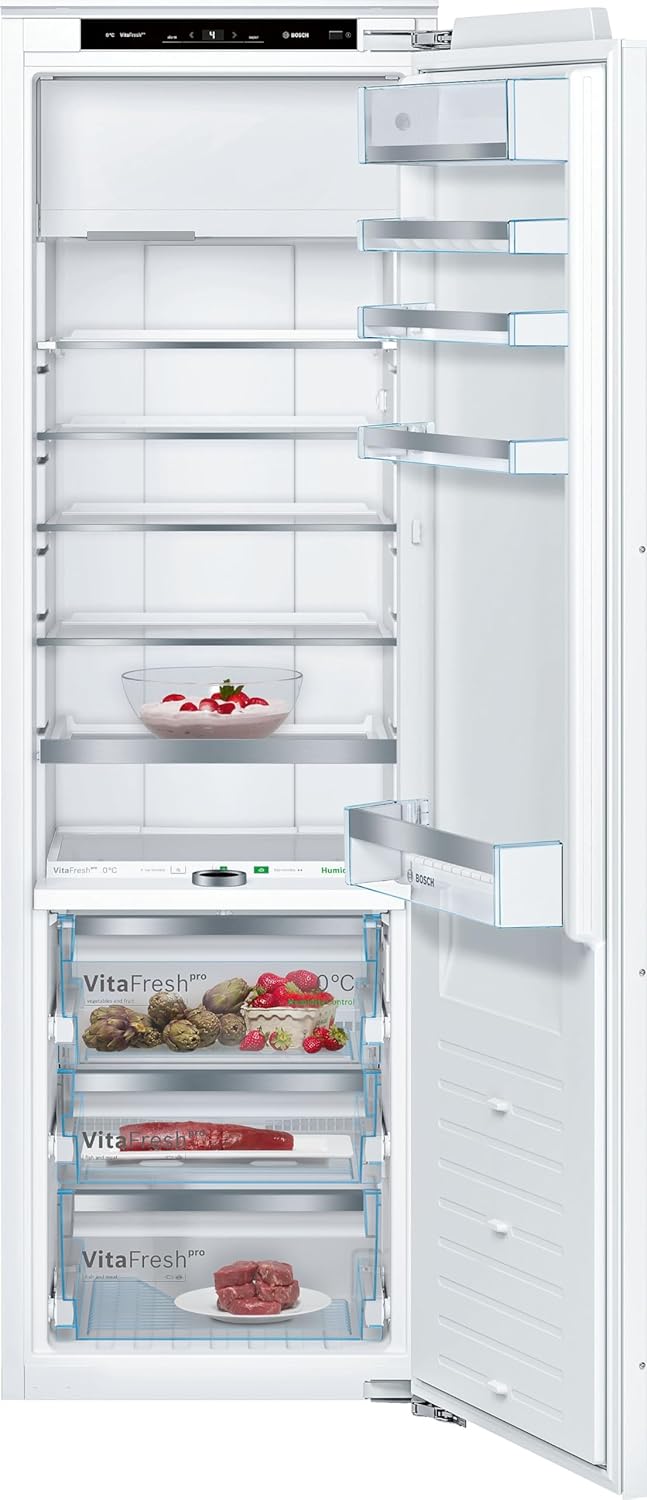Bosch KIF82PFE0, Serie 8, Einbau-Kühlschrank mit Gefrierfach, 177,5 x 56 cm Nische, 254 L Kühlen & 15 L Gefrieren, Made in Germany, 3x längere Frische, Ablagen aus Sicherheitsglas, schnellere Kühlung