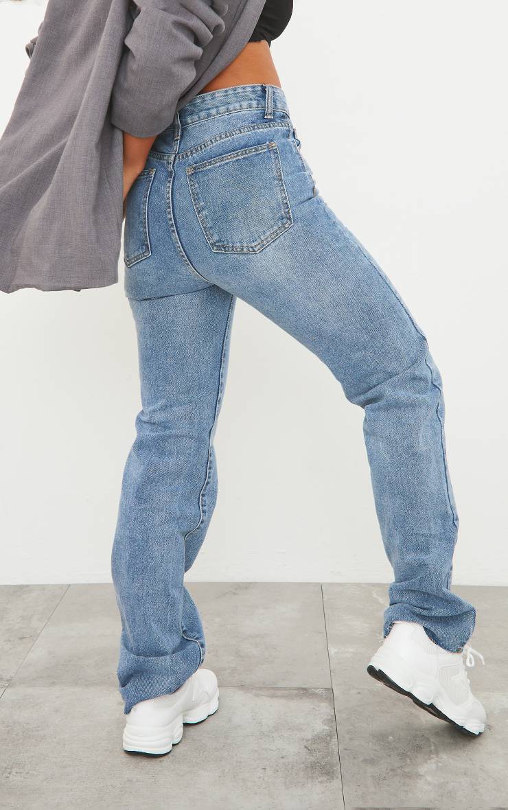 Mid Blue Wash Jean Jambe Droite Longue Ourlet Brut