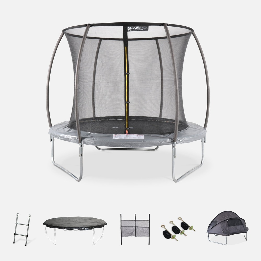 Trampoline 250cm filet intérieur avec pack d'accessoires + tente de camping et sac de transport