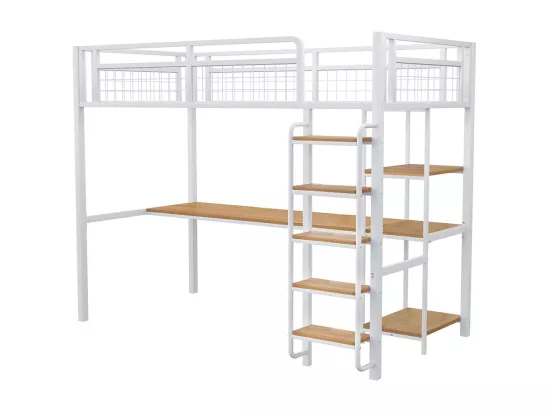 Lit mezzanine 90x200 avec échelle lit enfant avec table et étagère barrière de sécurité grillagée en métal Blanc