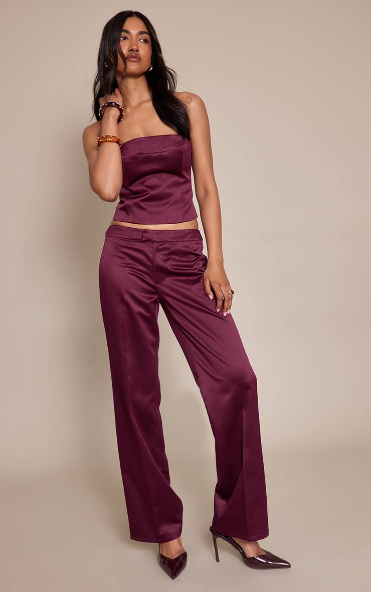 Dark Wine Pantalon Droit Taille Basse En Satin