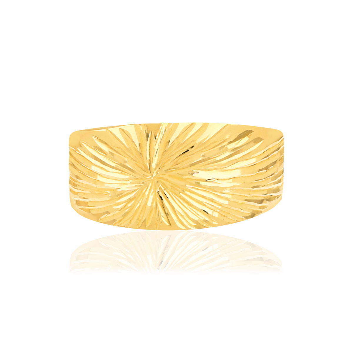 Bague or jaune 375, ciselé, motif soleil.
